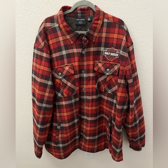 Harley-Davidson Other - Harley-Davidson 4XL Quilted Plaid Flannel Shacket Bar & Shield Logo Red/Orange